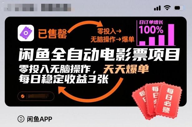闲鱼全自动电影票项目，零投入无脑操作，天天爆单，每日稳定收益3张【揭秘】-副业网
