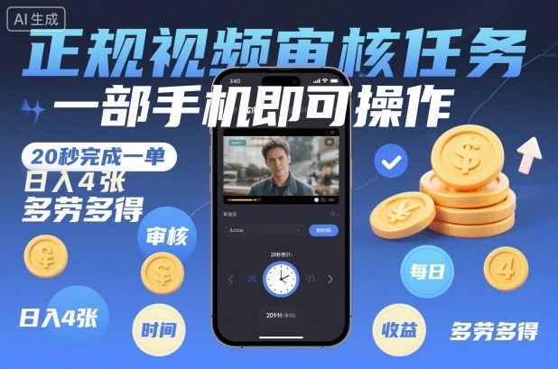 正规视频审核任务，一部手机即可操作，20秒完成一单，日入4张，多劳多得【揭秘】-副业网