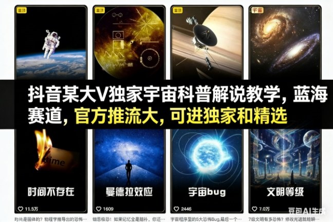 抖音某大V独家宇宙科普解说教学，蓝海赛道，官方推流大，可进独家和精选-副业网