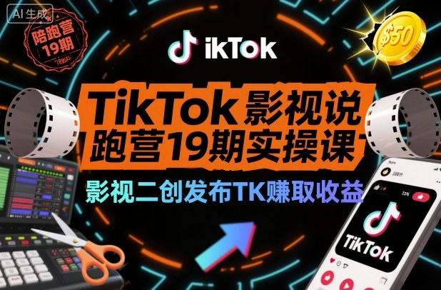 TikTok影视解说陪跑营19期实操课，影视二创发布TK賺取收益，万播收益50美金(更新)-副业网
