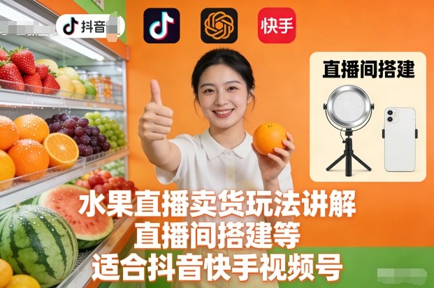 水果直播卖货玩法讲解、直播间搭建等，适合抖音快手视频号-副业网
