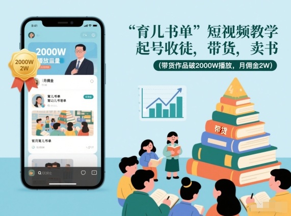 育儿书单短视频教学，起号收徒，带货，卖书(带货作品破2000W播放，月佣金2W)-副业网
