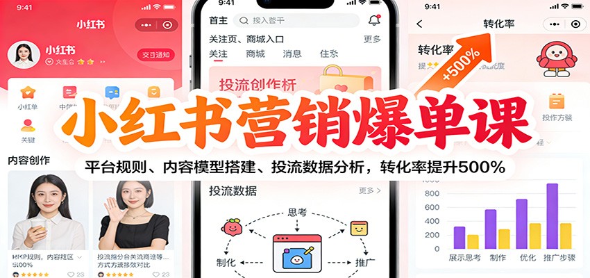 小红书营销爆单课：平台规则、内容模型搭建、投流数据分析，转化率提升500%-副业网