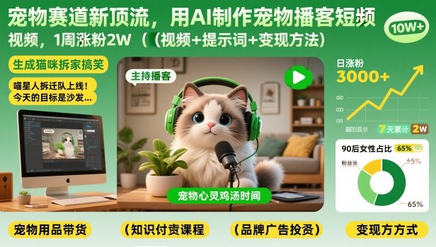 宠物赛道新顶流，用AI制作宠物播客短视频，1周涨粉2W(视频+提示词+变现方法)-副业网