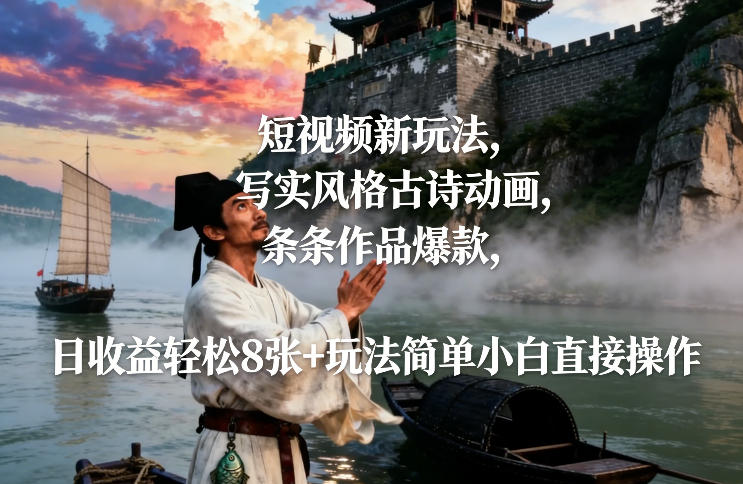 短视频新玩法，写实风格古诗动画，条条作品爆款，日收益轻松8张+玩法简单小白直接操作-副业网