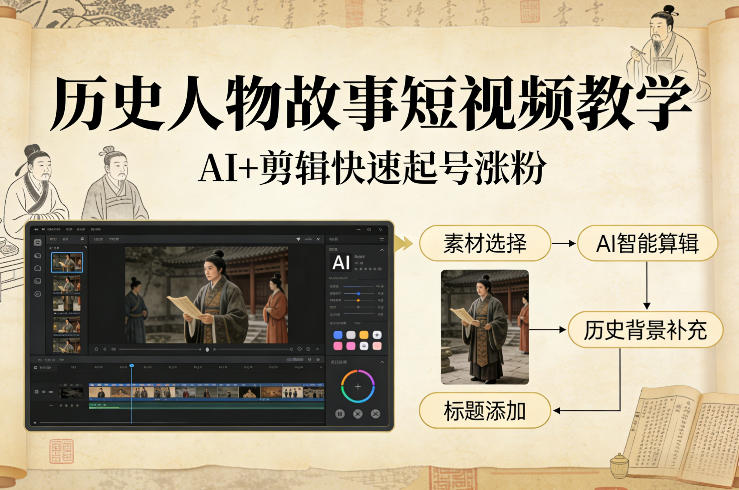 历史人物故事短视频教学，AI+剪辑制作历史人物题材短视频，快速起号涨粉-副业网