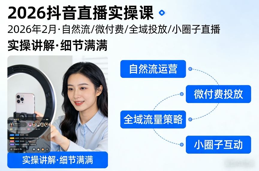 2026抖音直播实操课2026年2月，自然流、微付费、全域投放、小圈子直播，实操讲解，细节满满-副业网