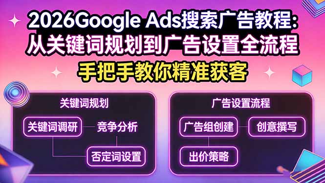 2026Google Ads搜索广告教程：从关键词规划到广告设置全流程，手把手教你精准获客-副业网