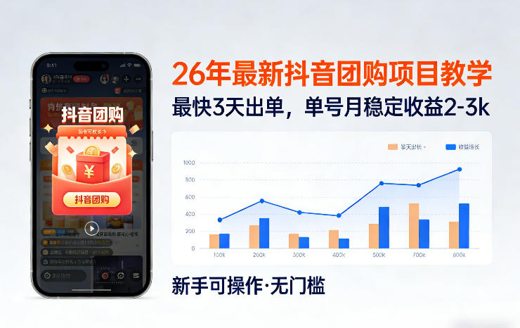 26年最新抖音团购项目教学，0门槛，最快3天出单，单号月稳定收益2-3k-副业网