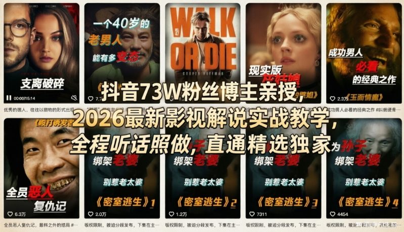 抖音73W粉丝博主亲授，2026最新影视解说实战教学，全程听话照做，直通精选独家-副业网