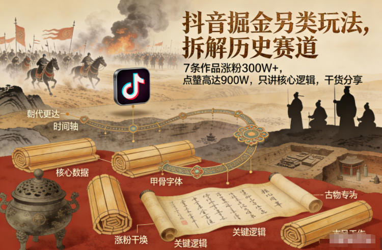抖音掘金另类玩法，拆解历史赛道，7条作品涨粉300W+，点赞量高达900W，只讲核心逻辑，干货分享-副业网
